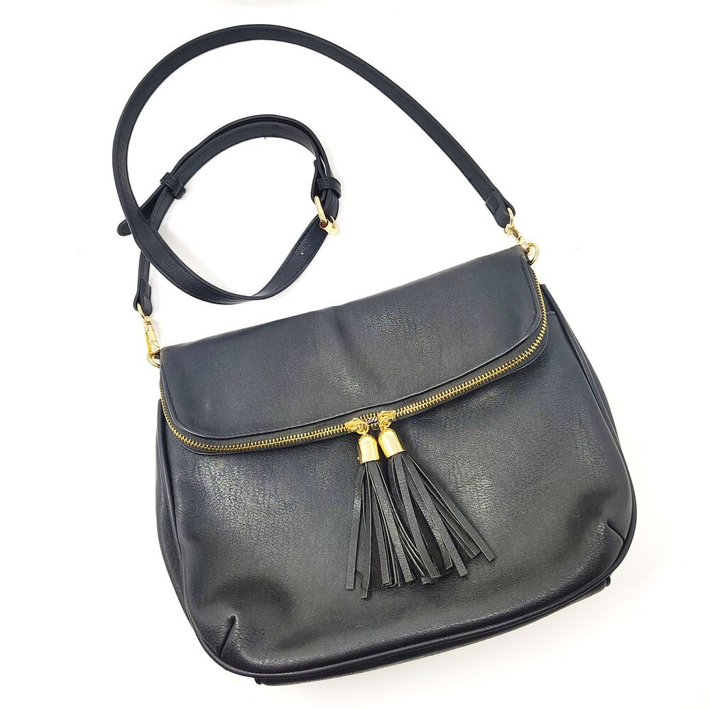 Miztique Crossbody Black Faux Leather Gold Vegan Purse Bag Minimalist Chic Boho